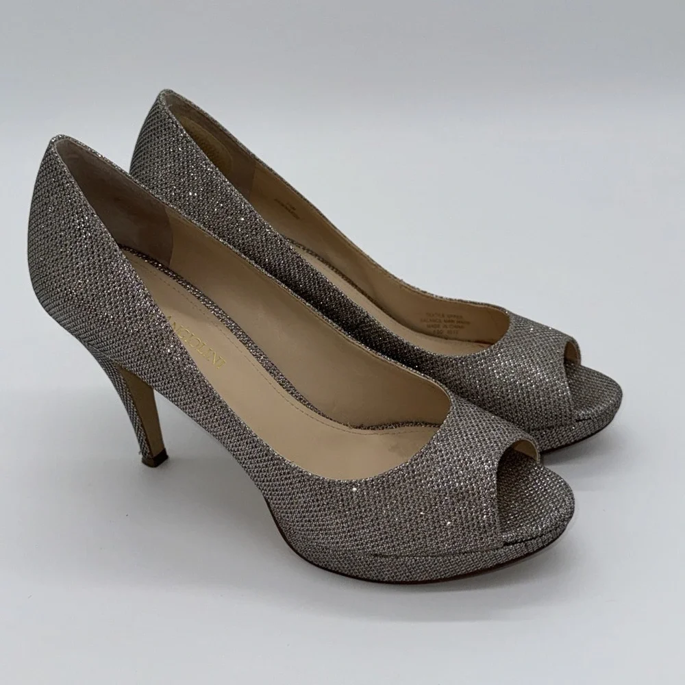 Enzo Angiolini Womens 7.5 Sparkle Open Toe Heels Shoes Silver Gold Bronze